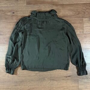 Dianne B Silk Blouse Dark Olive Green Ruffle Neck Smocked Cuff Long Sleeve Med